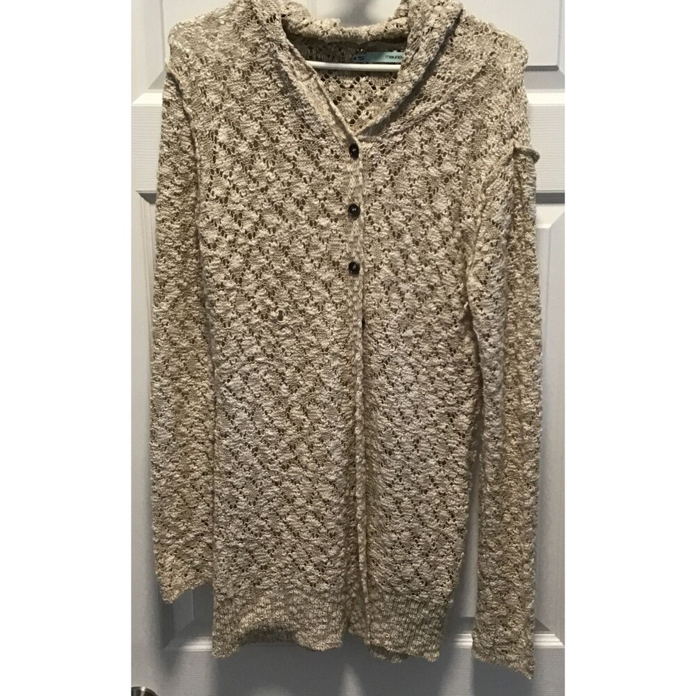 EUC MAURICES LONG SLEEVE BUTTON FRONT CARDIGAN WHITE/BEIGE HOODED SWEATER M